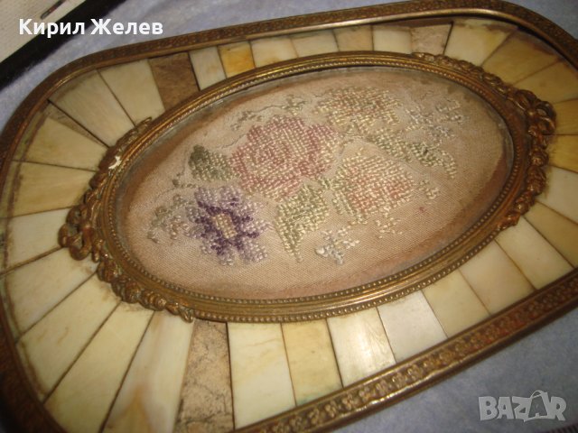 Ар НУВО ФРЕНСКО БРОНЗОВО АРИСТОКРАТИЧНО КРИСТАЛНО ОГЛЕДАЛО с РЪЧНА ВЕЗБА и ПЛОЧКИ СЛОНОВА КОСТ 21038, снимка 14 - Антикварни и старинни предмети - 38258153