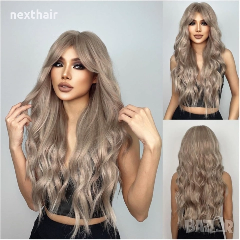 Пепелно руса вълнообразна синтетична перука с дълъг бретон, снимка 2 - Аксесоари за коса - 52485967