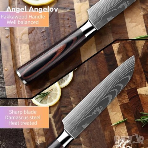 Нож Santoku от високовъглеродна стомана 5-инчови кухненски ножове за рязане на зеленчуци, плодове, , снимка 3 - Ножове - 43238937