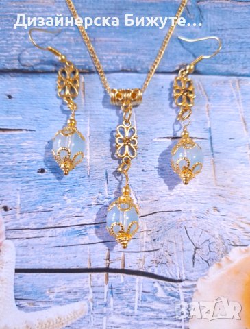 Прекрасен комплект бижута обеци и колие със скъпоценни камъни Опал и филигранни орнаменти цвят злато, снимка 10 - Бижутерийни комплекти - 43414640