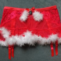 S/M нова червена еротична пола с бял пух и вградени жартиери за чорапи, снимка 1 - Бельо - 38871104