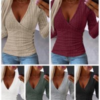 Дамски пуловер с дълъг ръкав и V-образно деколте, 6цвята, снимка 1 - Блузи с дълъг ръкав и пуловери - 43840519