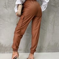 Дамски кожени панталони с прав крачол с прав ластик на талията, 2цвята, снимка 3 - Панталони - 43718611