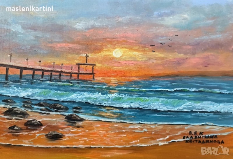 Изгрев над Бургаския мост маслена картина , снимка 1