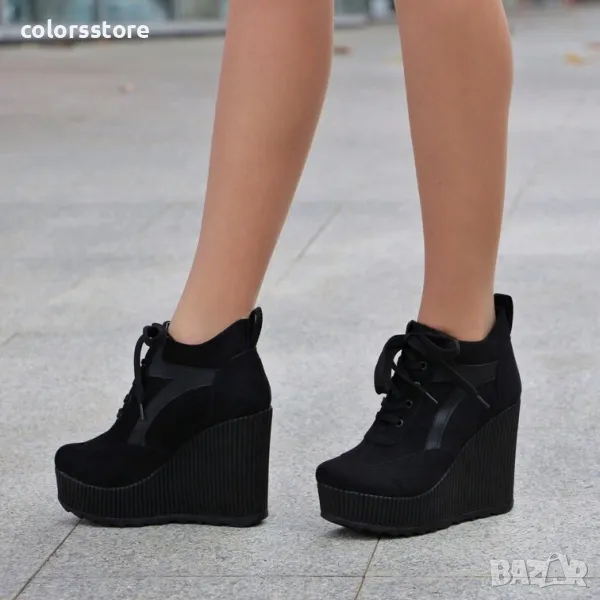 Кецове на платформа - черен велур и кожа - NO4, снимка 1