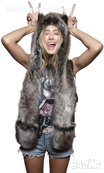 Нов Зимен пухкав комплект с качулка и ръкавици дамска мода изкуствен пух, снимка 1