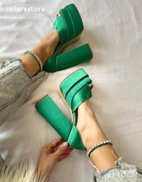 Сандали на ток - зелен сатен - VS2, снимка 1