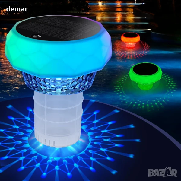Соларна плуваща LED лампа за басейн, 2 в 1 с пречистване, 7 цвята, дистанционно, IP68, снимка 1