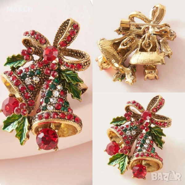 Коледна прекрасна елегантна брошка с многоцветни кристали от висок клас в златисто, снимка 1