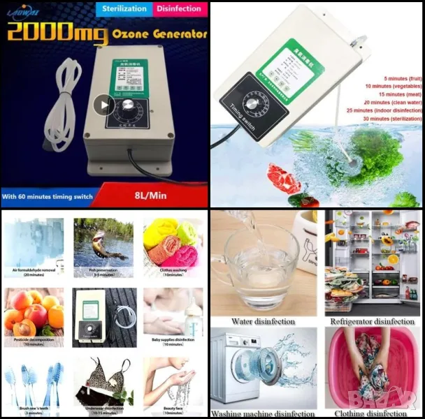 Преносим Озон Генератор на Озон Почистваща Машина за Вода Зеленчуци Плодове Месо Миризми 20W 2000mgh, снимка 1