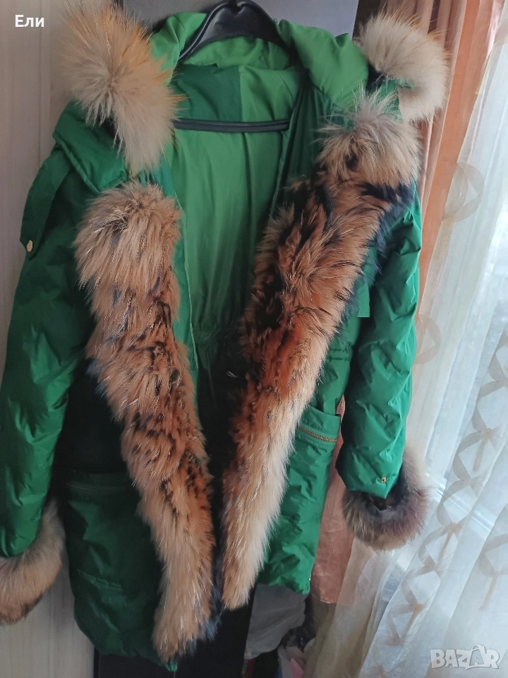 Зелена парка с естествен косъм от лисица , снимка 1