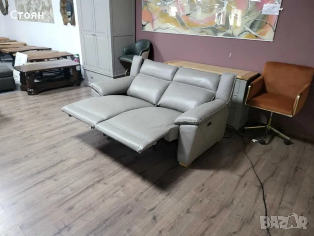 Сив кожен диван двойка с електрически релаксиращ механизъм, снимка 5 - Дивани и мека мебел - 50887020