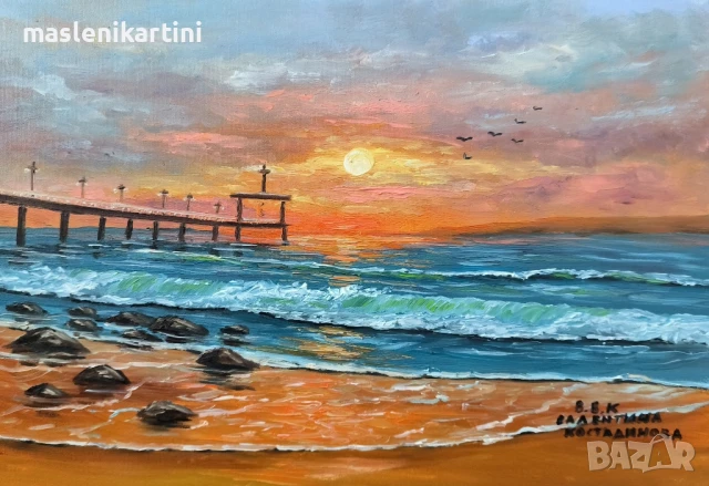 Изгрев над Бургаския мост маслена картина 