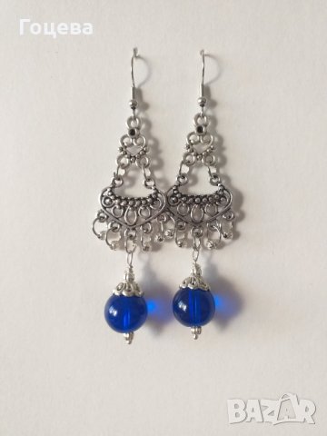  Прелестни обици с кобалтови сини мъниста и орнаменти в цвят Сребро , снимка 3 - Обеци - 33116591