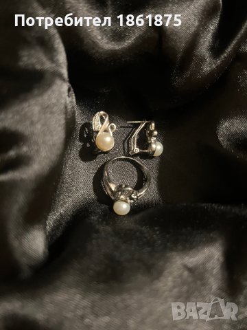 Сребърен комплект с бели перли и цирконий, снимка 6 - Пръстени - 42982401