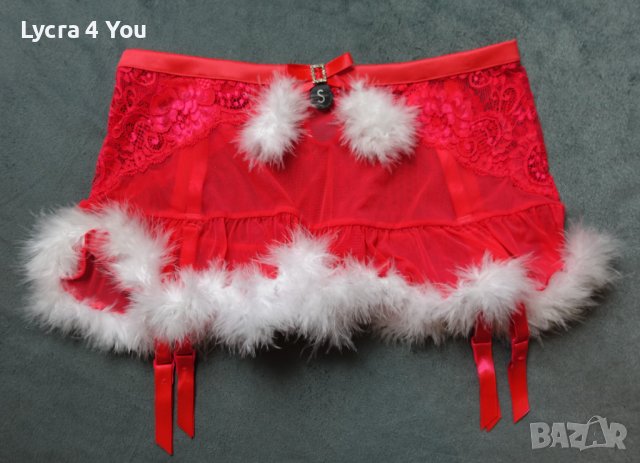 S/M нова червена еротична пола с бял пух и вградени жартиери за чорапи, снимка 1