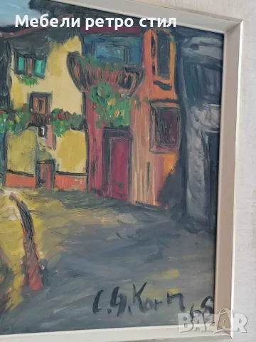 Чудесна майсторска картина ''Рибарско селище'' маслени бои върху платно подпис, рамка. , снимка 2 - Картини - 50189373