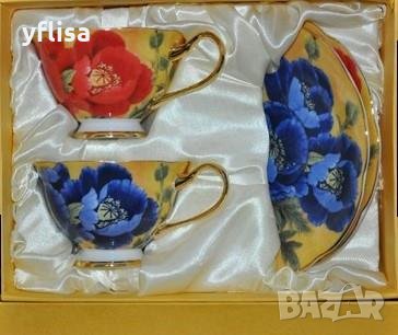 Костен порцелан комплект чай или кафе с червени цветя, снимка 6 - Сервизи - 27679584