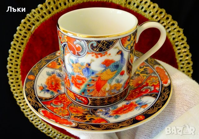 Чаша с чиния японски порцелан Eiwa Kinsei,злато,пауни. , снимка 8 - Антикварни и старинни предмети - 37925311