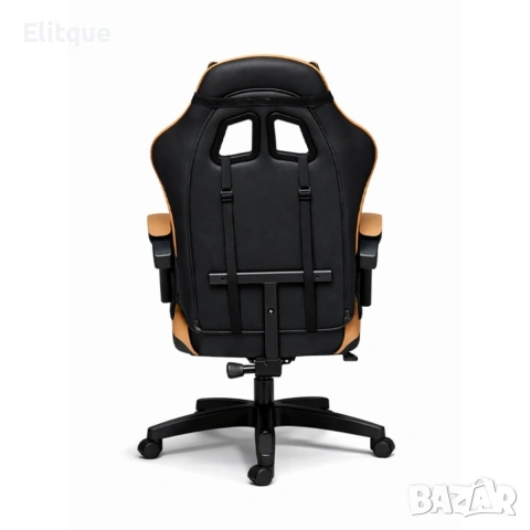 Геймърски стол с масажна функция, лумбална възглавница и поставка за крака – Черен-златист, снимка 3 - Столове - 53442311