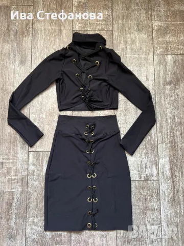 Wow нов секси елегантен черен сет комплект костюм от две части топ пола висока талия еластичен 