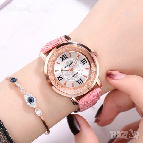 Дамски ръчен часовник с кръгъл циферблат с камъни и к. каишка. бял, червен, лилав, син, черен, розов, снимка 16 - Дамски - 52819449