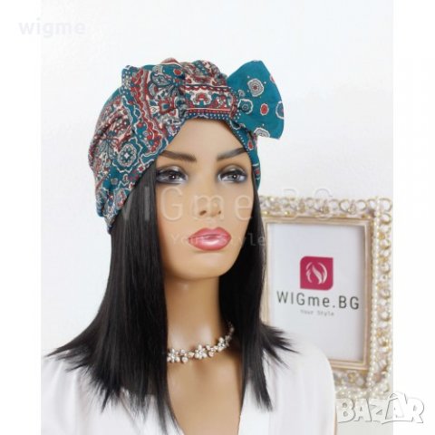 Тюрбан за коса с пандела и орнаменти в синьо-зелено, снимка 2 - Аксесоари за коса - 33650333