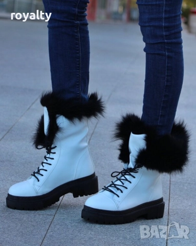 Равни боти - бяла кожа с черен ЕСТЕСТВЕН пух, снимка 2 - Дамски боти - 52162668