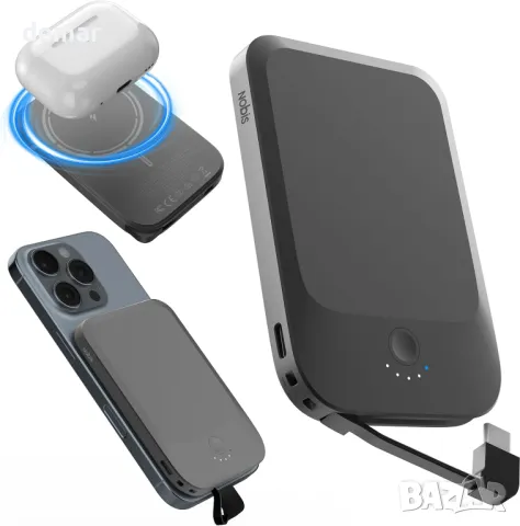 Nobis магнитна външна батерия 5000mAh с вграден кабел, QC 3.0 22.5W PD, черна