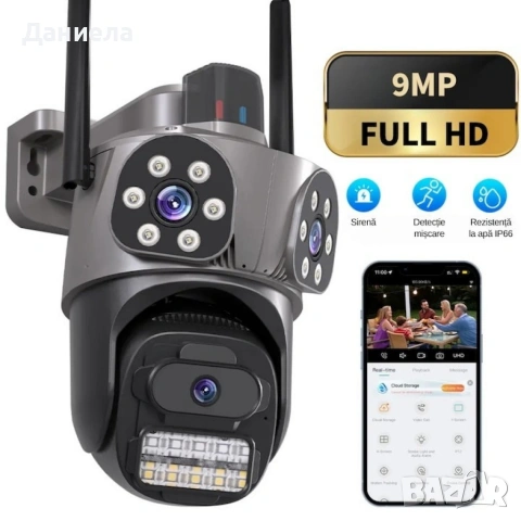 Тройна външна WiFi камера 9MP с аларма, 24 диода, iCSee, 64GB памет, снимка 3 - HD камери - 53094728