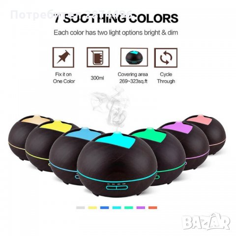 25874 Дифузер и овлажнител За етерични масла, 300 мл, Таймер, LED светлини, снимка 8 - Други стоки за дома - 35171759