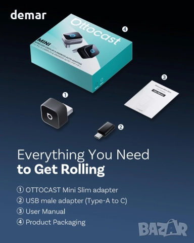 OTTOCAST MINI 3.0 Slim 2025 подобрен безжичен CarPlay адаптер, 2-в-1 за iPhone и Android Auto, снимка 8 - Аксесоари и консумативи - 52130163