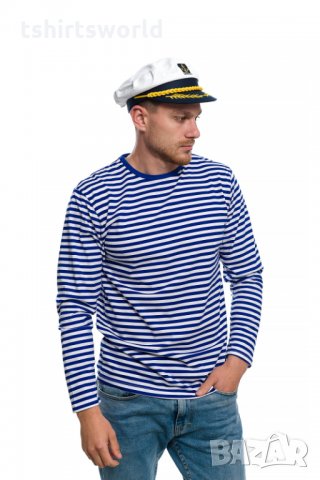 Нов мъжки моряшки комплект: моряшка блуза с дълъг ръкав и капитанска шапка, снимка 4 - Блузи - 32771009