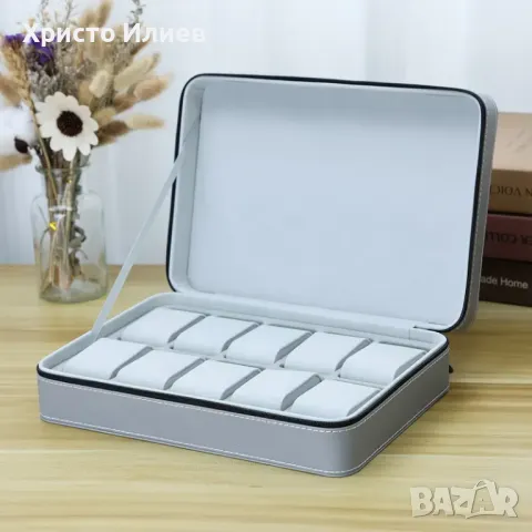 Луксозна сива кутия за часовници Органайзер за часовник с 10 отделения за 10бр с цип, снимка 2 - Други - 49616476