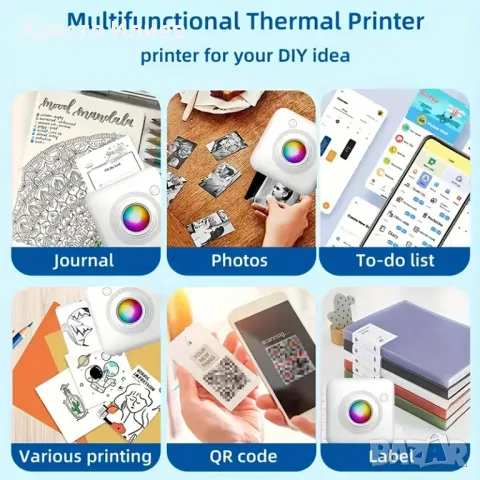 Мини термо принтер с 15 ролки бяла и цветна хартия стикери фулмастри и торбичка, снимка 4 - Принтери, копири, скенери - 49095600