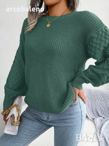 Дамски плетен пуловер с дълъг фенер ръкав за свободното време, 3цвята - 024, снимка 5 - Блузи с дълъг ръкав и пуловери - 43468486