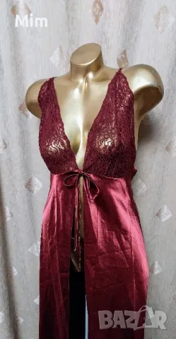 М Дълга сатенена нощница в бордо , снимка 6 - Нощници - 48265248