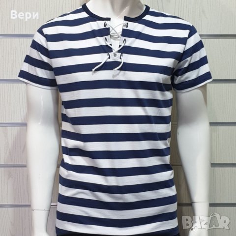 Нова мъжка моряшка тениска с връзки на тъмносиньо/бяло райе, снимка 9 - Тениски - 27950602