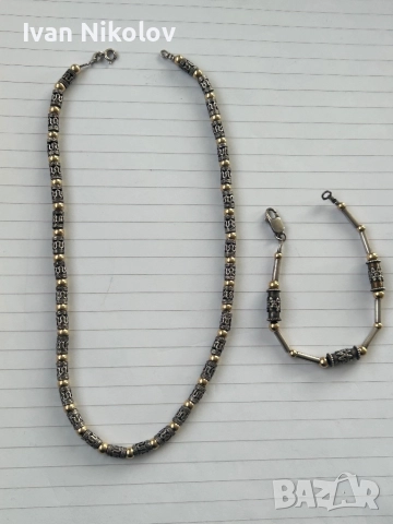 Сребърен комплект колие и гривна с позлата