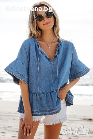 Дамска дънкова блуза в синьо с къси свободни ръкави, снимка 1