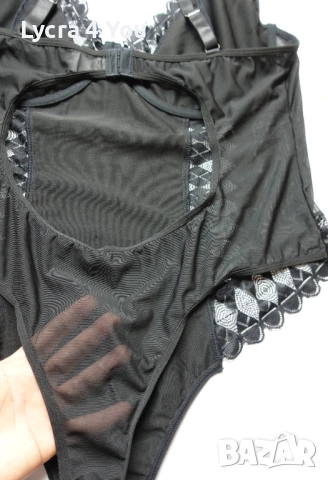 XL ново черно боди с еко кожа, дантела и тюл, снимка 9 - Бельо - 53375863