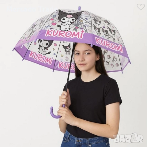 Автоматичен чадър за деца Mercado Trade, Прозрачен лилав, Kuromi, 66см, снимка 3 - Чадъри - 52446608