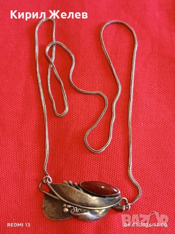 Сребърен ланец с висулка стилизирано листо с инкрустиран Червен Яспис ювелирна изработка 49486, снимка 4 - Колиета, медальони, синджири - 53005361