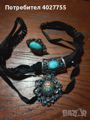 Колие  и пръстен със син камък и ръчно ушит гоблен , снимка 2 - Колиета, медальони, синджири - 52414636