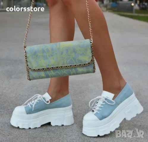Обувки на платформа - бяло и светлосин деним - DA60