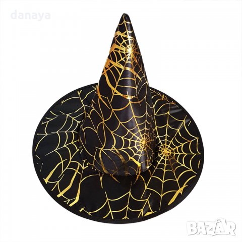 Плътна черна вещерска шапка с паяжини парти Хелоуин шапка, снимка 3 - Шапки - 26473965