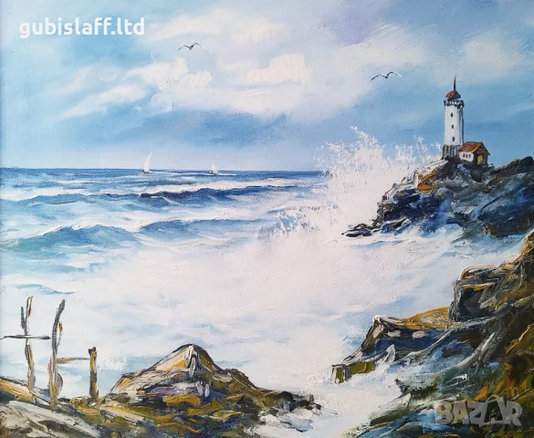 Картина, пейзаж, море, фар, худ. А. Симеонов, снимка 2 - Картини - 49637857