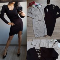 Нова колекция рокля в сив и чер цвят от фино плетиво с връзки на намаление, снимка 1 - Рокли - 27332112