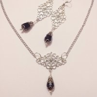 Разкошен Викториански комплект с Черни кристали и филигрирани орнаменти в цвят Сребро, снимка 7 - Бижутерийни комплекти - 28257261