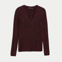 Блуза от много фино плетиво с остро деколте в тъмночервен цвят, снимка 3 - Блузи с дълъг ръкав и пуловери - 43346849